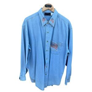 Sprinkles Women's Vintage Denim Shacket Long Sleeve USA Flag Beaded Blue Size XL